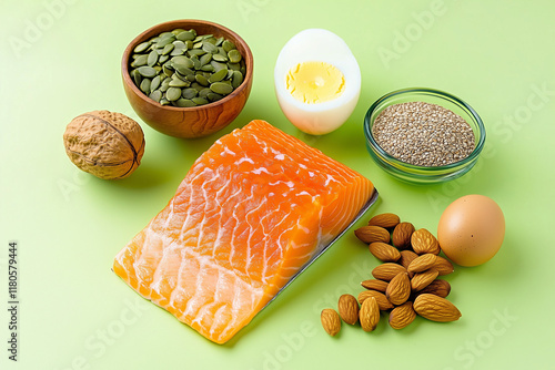 Keto Diet Healthy Food Concept with Salmon Avocado Eggs Nuts Seeds on Bright Green Background Top View






