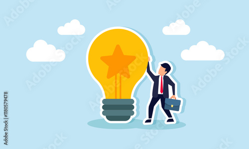 A businessman stands beside a lamp labeled with a star, illustration of creativity and business innovation as key factors in improving business quality