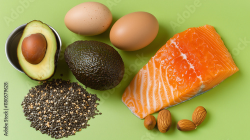 Keto Diet Healthy Food Concept with Salmon Avocado Eggs Nuts Seeds on Bright Green Background Top View






