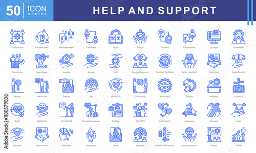 Help and support icon collection set. Containing assistance, service, aid, desk, guidance, relief, backing, Nurture, Empathy, Endorsement, Leadership and Accompany icon.