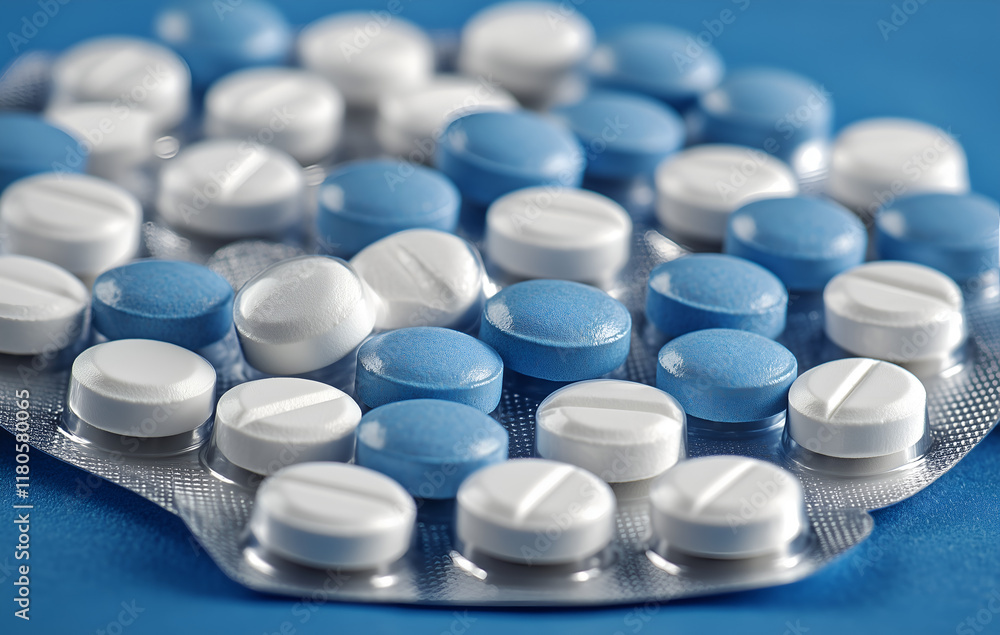 Pile of pills in white and blue packaging on a blue background Pile of pills in white and blue packaging on a blue background
