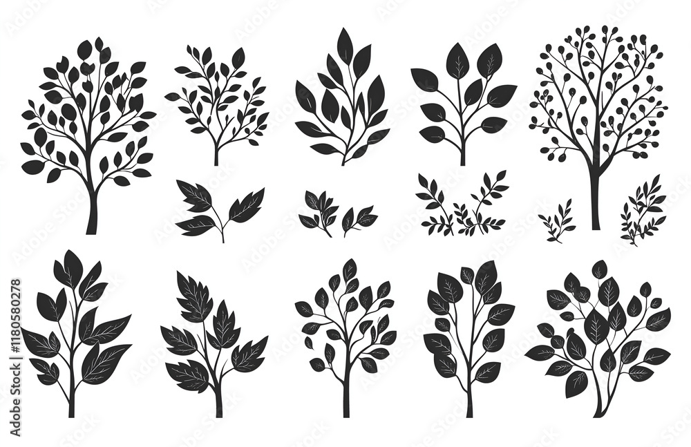 set of trees silhouettes on white set of trees silhouettes on white