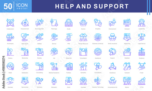 Help and support icon collection set. Containing assistance, service, aid, desk, guidance, relief, backing, Nurture, Empathy, Endorsement, Leadership and Accompany icon.