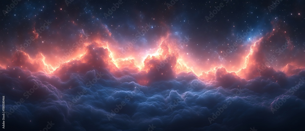 Fiery cloudscape in a cosmic night sky. Fiery cloudscape in a cosmic night sky.