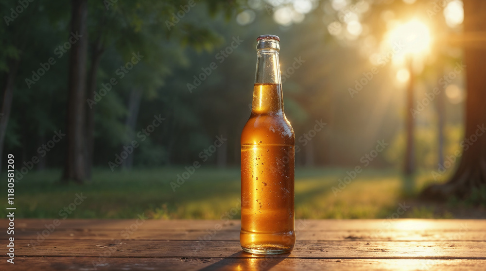 Beer Bottle Mockup on Wooden Table in Scenic Woodland Product Photography Beer Bottle Mockup on Wooden Table in Scenic Woodland Product Photography