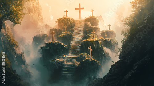 A multi-layered staircase with crosses at each level leading to a final cross on the top. Leafveil. Illustration photo