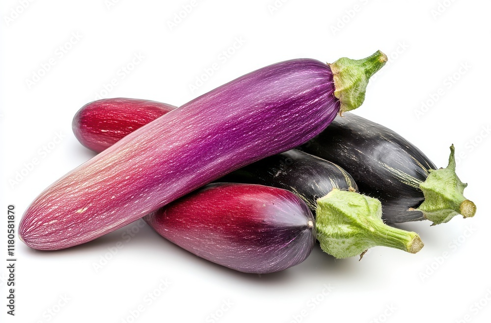 Fresh and Colorful Eggplants Displayed Together, Showcasing Varieties of This Nutritious Vegetable on a White Background for Culinary or Healthy Eating Concepts