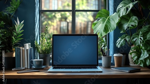 Wallpaper Mural Cozy workspace with a laptop, plants, and coffee by the window. Torontodigital.ca
