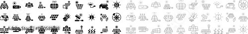 A collection solid and line of solar energy icons featuring panels, batteries, sun symbols, and eco-friendly designs. Ideal for illustrating renewable energy, sustainability, and clean power concepts.