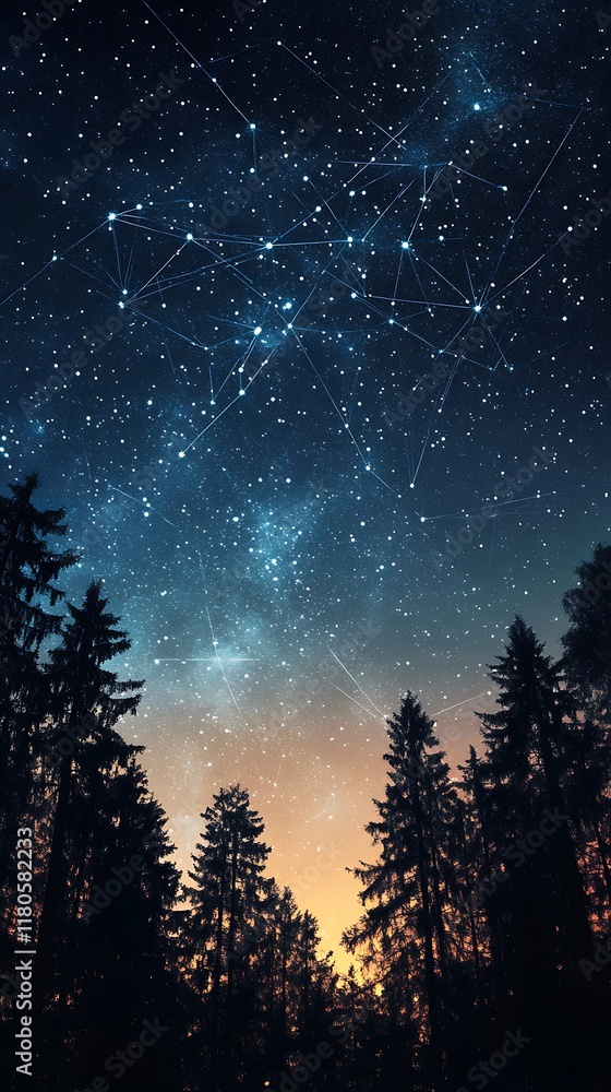 Naklejka premium Foggy forest at night with full moon and stars