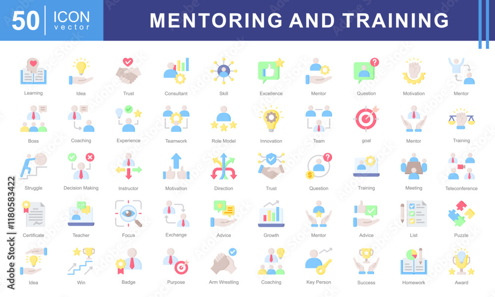 Mentoring and Training icon collection set. Containing development, learning, workshop, coach, mentor, curriculum, seminar icon. Mentoring and Training icon collection set. Containing development, learning, workshop, coach, mentor, curriculum, seminar icon.