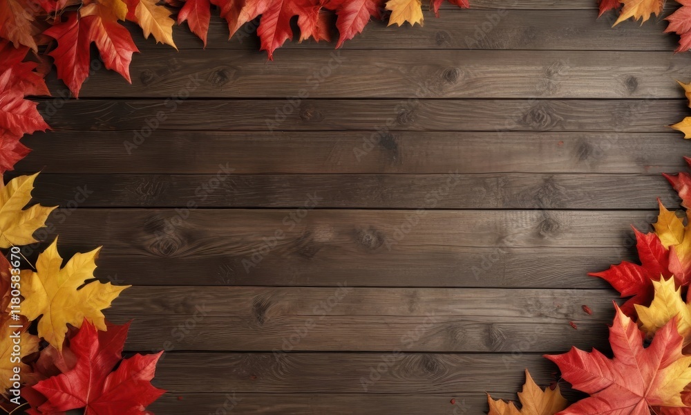 Obraz premium Vibrant red & gold maple leaves border, rustic wood background, image, brown