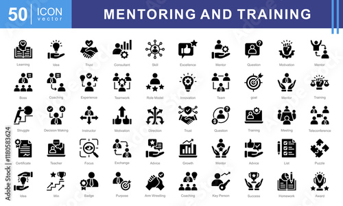 Mentoring and Training icon collection set. Containing development, learning, workshop, coach, mentor, curriculum, seminar icon.