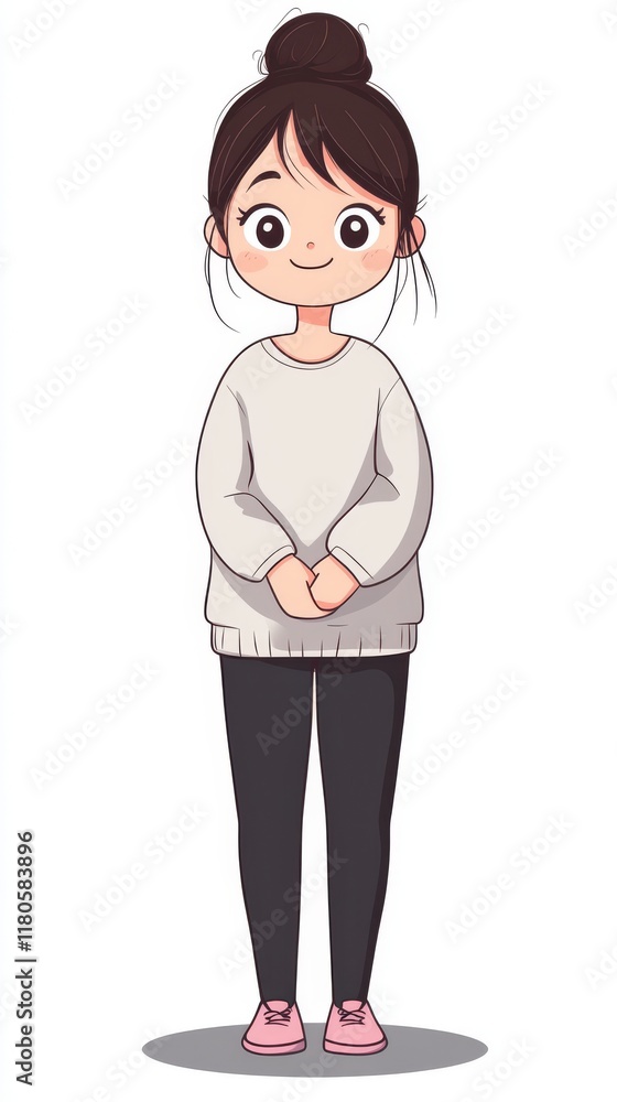 A cute girl with a cute expression wearing gray and black pants. Cute girl cartoon on a white background A cute girl with a cute expression wearing gray and black pants. Cute girl cartoon on a white background