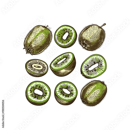 Kiwi fruits hand drawn engraving design vector template