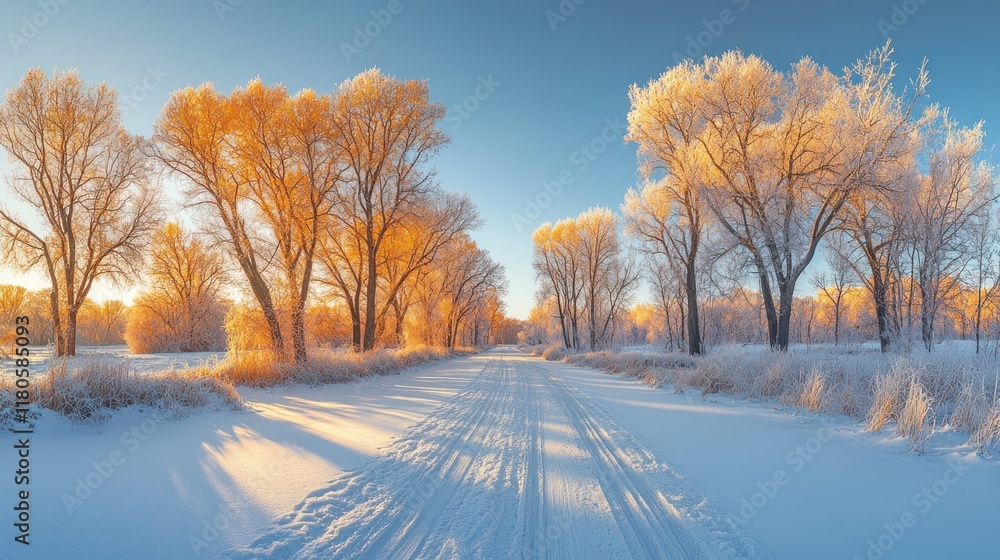 Golden sunrise illuminates a snow-covered road lined with frost-covered trees. Golden sunrise illuminates a snow-covered road lined with frost-covered trees.