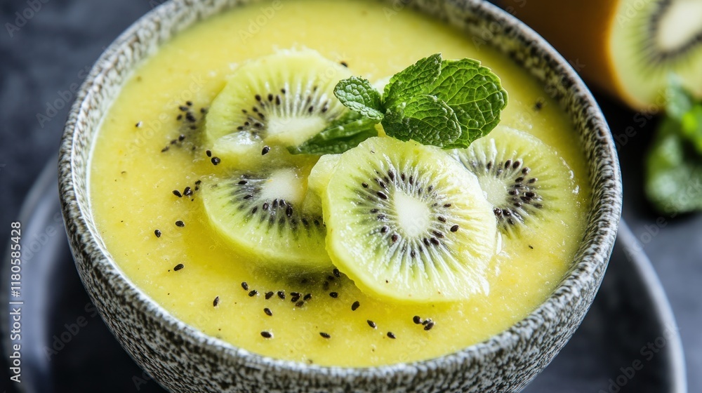 Refreshing kiwi and pineapple soup topped with fresh kiwi slices and mint sprigs Refreshing kiwi and pineapple soup topped with fresh kiwi slices and mint sprigs