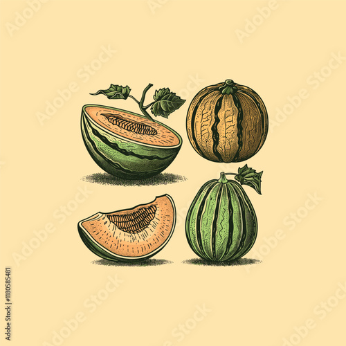 melon fruits hand drawn engraving design vector template