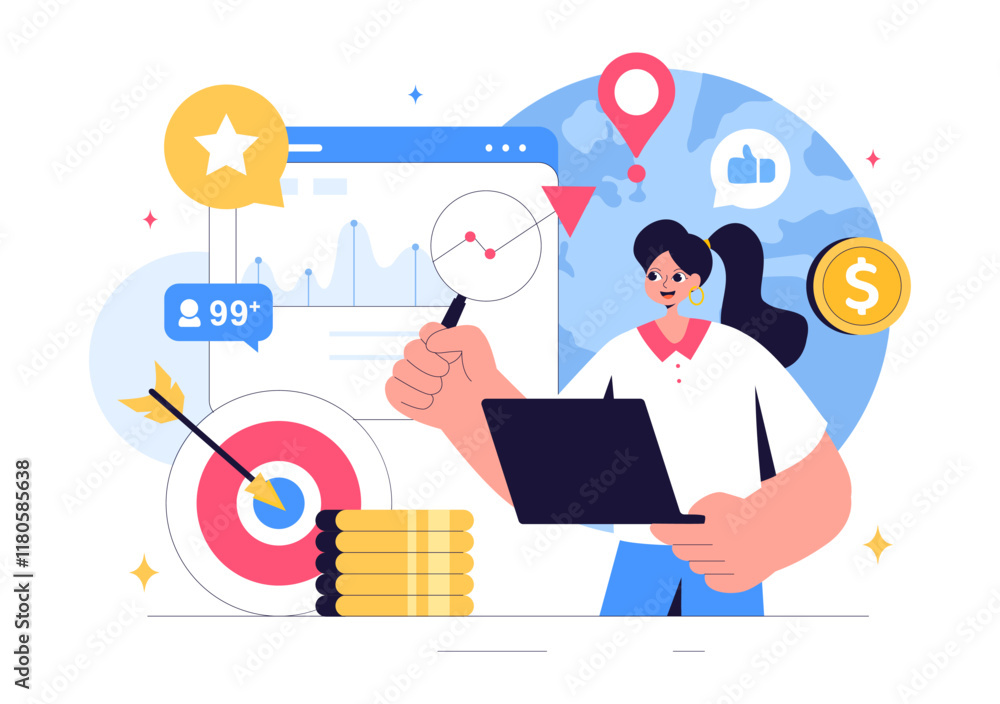 Trend Watcher Vector Illustration featuring a Specialist Monitoring Emerging Business Trends and Managing Projects in a Flat Style Cartoon Background Trend Watcher Vector Illustration featuring a Specialist Monitoring Emerging Business Trends and Managing Projects in a Flat Style Cartoon Background