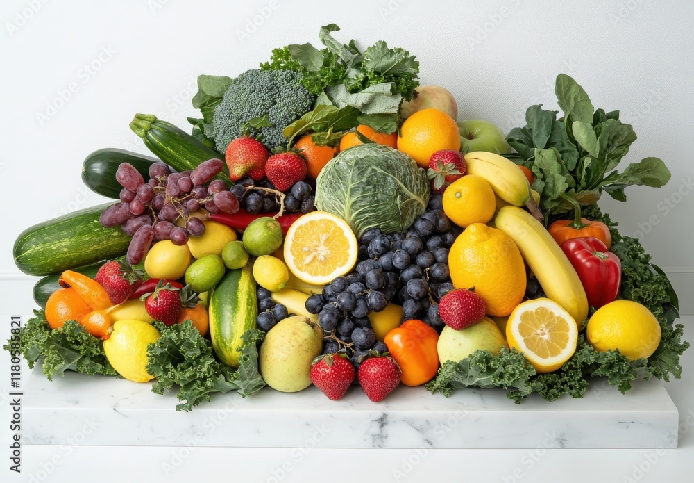 Fresh and Vibrant Collection of Colorful Fruits and Vegetables Arranged on a White Marble Surface for Healthy Eating and Culinary Inspiration Fresh and Vibrant Collection of Colorful Fruits and Vegetables Arranged on a White Marble Surface for Healthy Eating and Culinary Inspiration