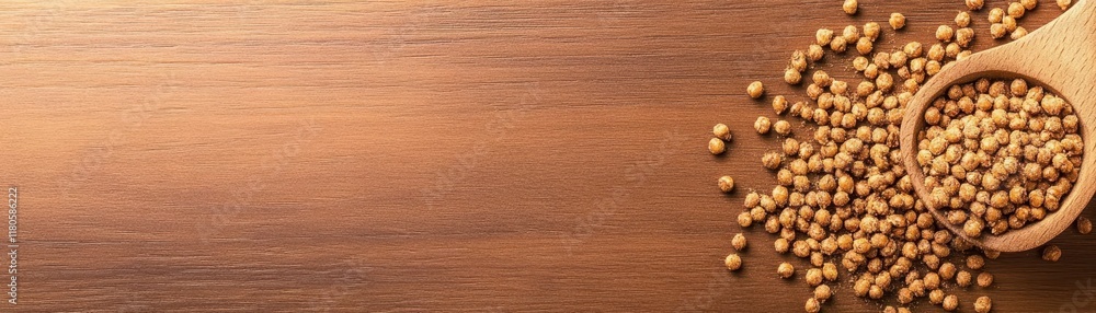 Closeup of wooden spoon overflowing with nutritious chickpeas, a healthy ingredient for delicious meals Closeup of wooden spoon overflowing with nutritious chickpeas, a healthy ingredient for delicious meals