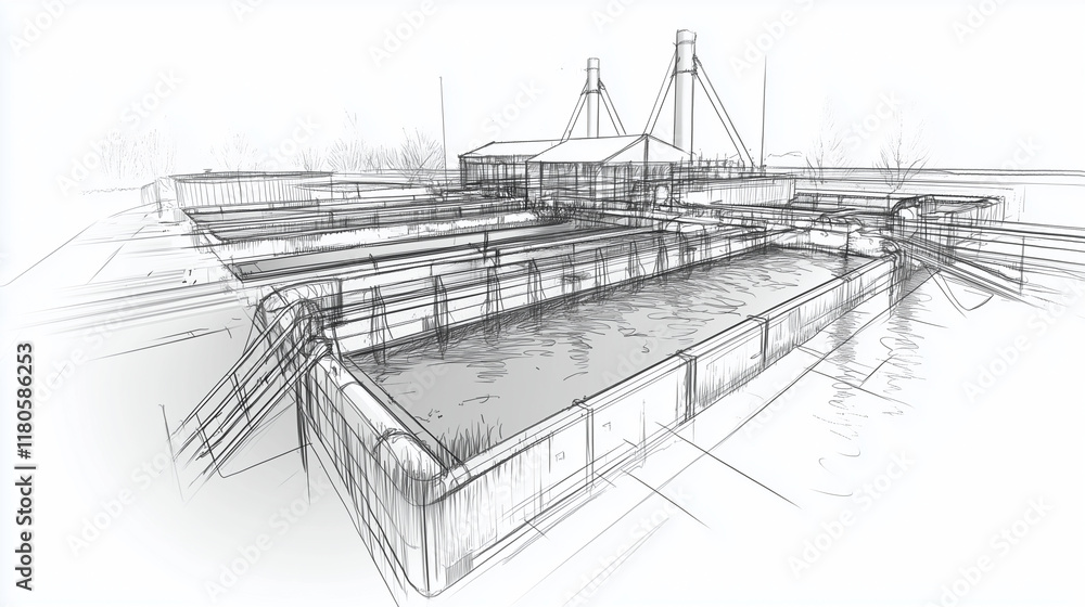 Obraz premium Pencil Sketch of an aquaculture system
