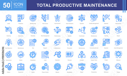 Total productive maintenance icon collection set. Containing equipment, break, reliability, time, inspection, efficiency, preventive icon.