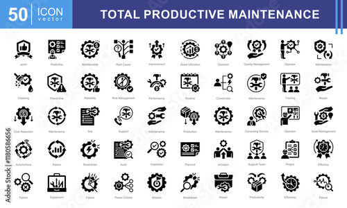 Total productive maintenance icon collection set. Containing equipment, break, reliability, time, inspection, efficiency, preventive icon.