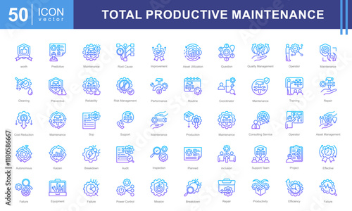 Total productive maintenance icon collection set. Containing equipment, break, reliability, time, inspection, efficiency, preventive icon.