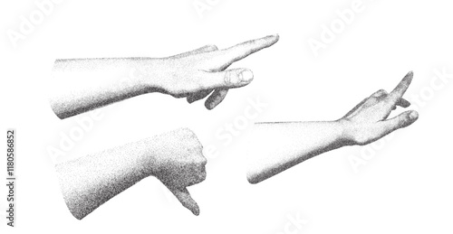 Trendy clip art elements y2k Set of stipple hands gesture with stippling photocopy effect . Vector dots texture, grain contrast effect