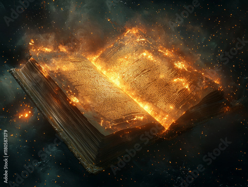 massive book floats in celestial realm its pages glowing golden script and radiant symbols. Angelic light and celestial beings illuminate surroundings showcasing divine plan. photo