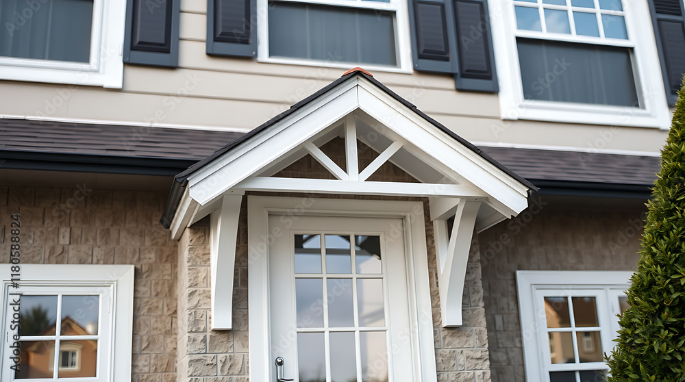 Exterior view of a house's entrance featuring a white door with a multi-paned glass design under a white, triangular dormer. The house has beige siding, dark-grey shutters, and white-framed windows. Exterior view of a house's entrance featuring a white door with a multi-paned glass design under a white, triangular dormer. The house has beige siding, dark-grey shutters, and white-framed windows.