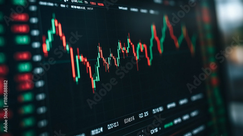 Wallpaper Mural Stock Market Volatility: A close-up shot of a computer screen displaying a stock market chart with red and green lines fluctuating wildly, symbolizing the unpredictable nature of financial markets.   Torontodigital.ca