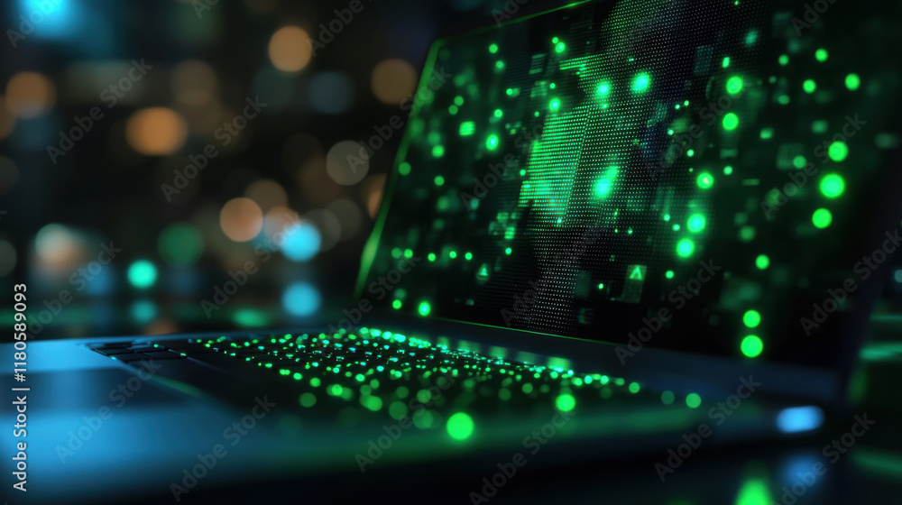 laptop with glowing green display and keyboard, showcasing digital patterns and lights. background features bokeh effect, enhancing tech ambiance laptop with glowing green display and keyboard, showcasing digital patterns and lights. background features bokeh effect, enhancing tech ambiance