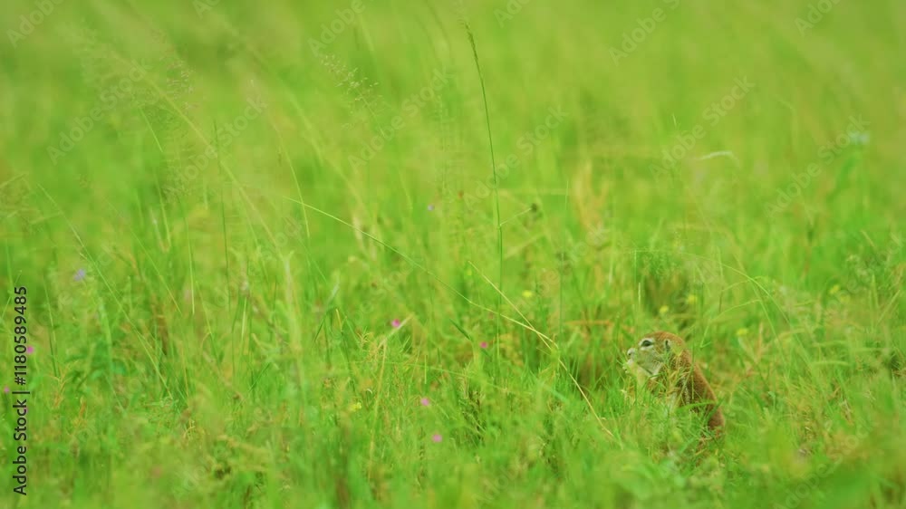 Cape ground squirrel (Geosciurus inauris) or Xerus in Green grasses of savannah of Botswana South Africa. Cape ground squirrel (Geosciurus inauris) or Xerus in Green grasses of savannah of Botswana South Africa.