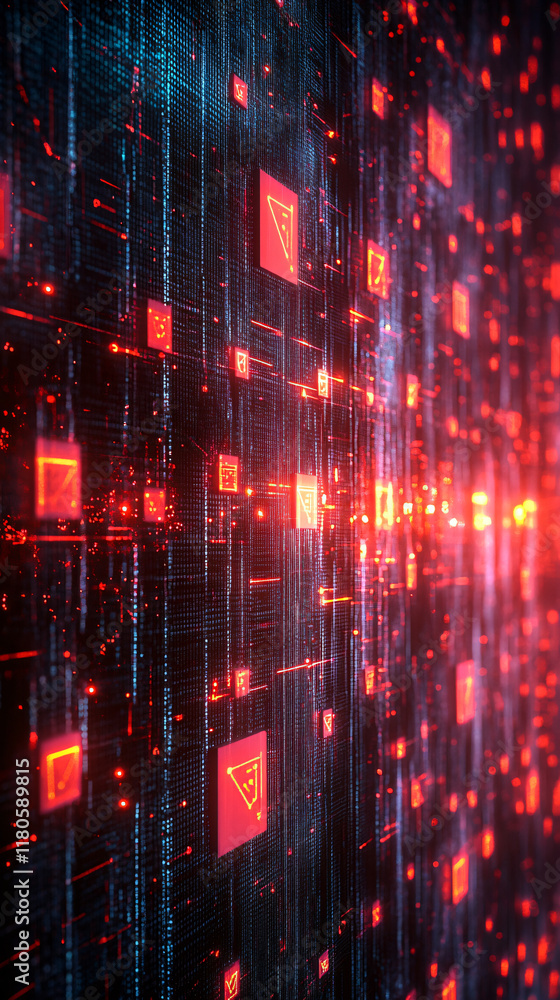 Fototapeta premium Abstract Visualization Interconnected Data Streams Digital Network Futuristic Cybersecurity High-Tech Glow Aesthetic,wallpaper,background,backdrop,red,neon,chip,gpu,cpu,ai,science,engineering