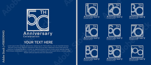 logo anniversary set. silver color with square on blue background for special event