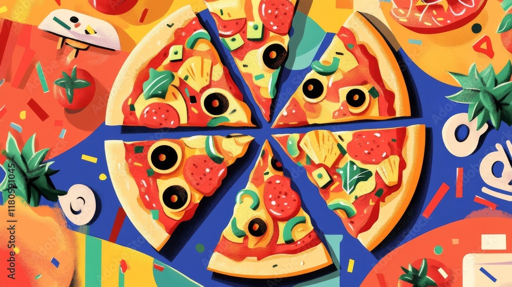 Fototapeta premium 33.A flat vector poster for National Pizza Day, depicting a whole pizza seen from above, each slice uniquely decorated with toppings like sausage, bell peppers, pineapple, and spinach. The design