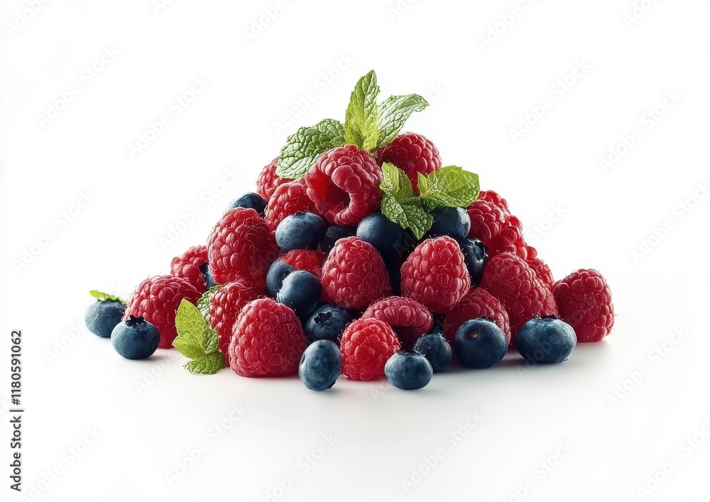 Fresh Mixed Berries and Mint on White Background, Ripe Blueberries and Raspberries with Green Mint Leaves for Healthy Eating and Natural Food Concepts Fresh Mixed Berries and Mint on White Background, Ripe Blueberries and Raspberries with Green Mint Leaves for Healthy Eating and Natural Food Concepts