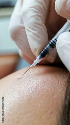 Injection Syringe Closeup on Skin photo