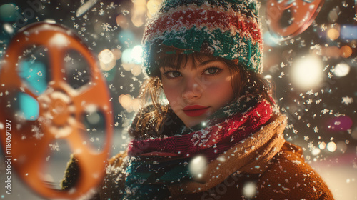 Winter Wonderland Girl in Knit Hat Scarf Snow Falling Festive Lights, Sundance Film Festival, Ai generated images photo