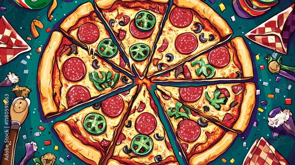 35.A playful vector design celebrating National Pizza Day on February 9, with a top-down view of a pizza divided into diverse slices featuring toppings like bacon, artichokes, jalapenos, and four 35.A playful vector design celebrating National Pizza Day on February 9, with a top-down view of a pizza divided into diverse slices featuring toppings like bacon, artichokes, jalapenos, and four