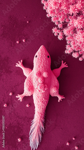 Pink creature on textured surface, near pink flowers.  Unique textured surface and creature design. photo