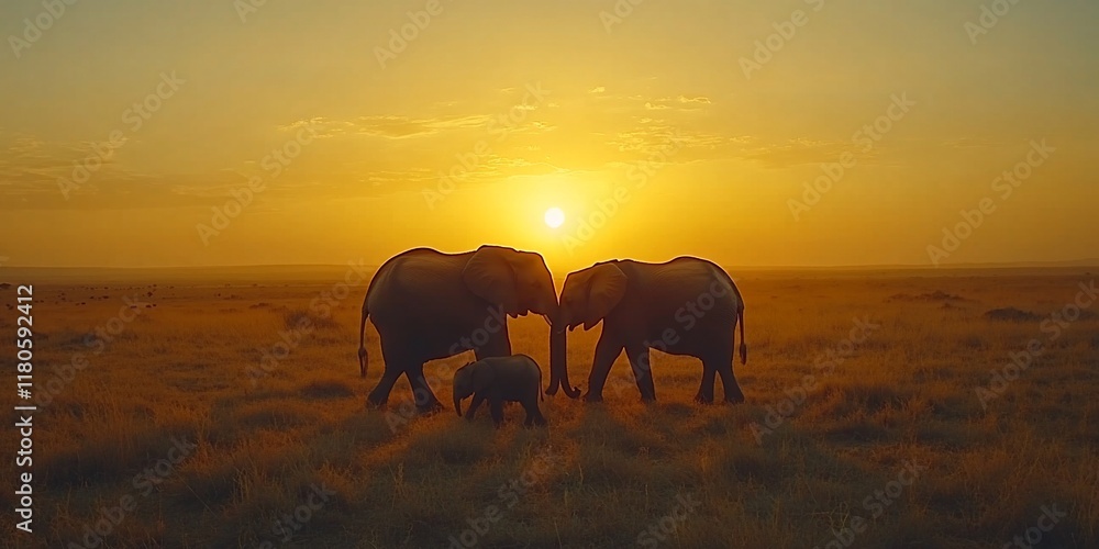 Fototapeta premium Elephants at sunset in savanna