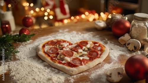 118.A warm, inviting image of a heart-shaped pizza being lovingly prepared for a special holiday dinner. The kitchen table is covered with flour, and various toppings like pepperoni, mushrooms, and photo