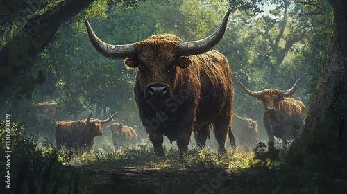 Majestic Highland Cattle in the Forest