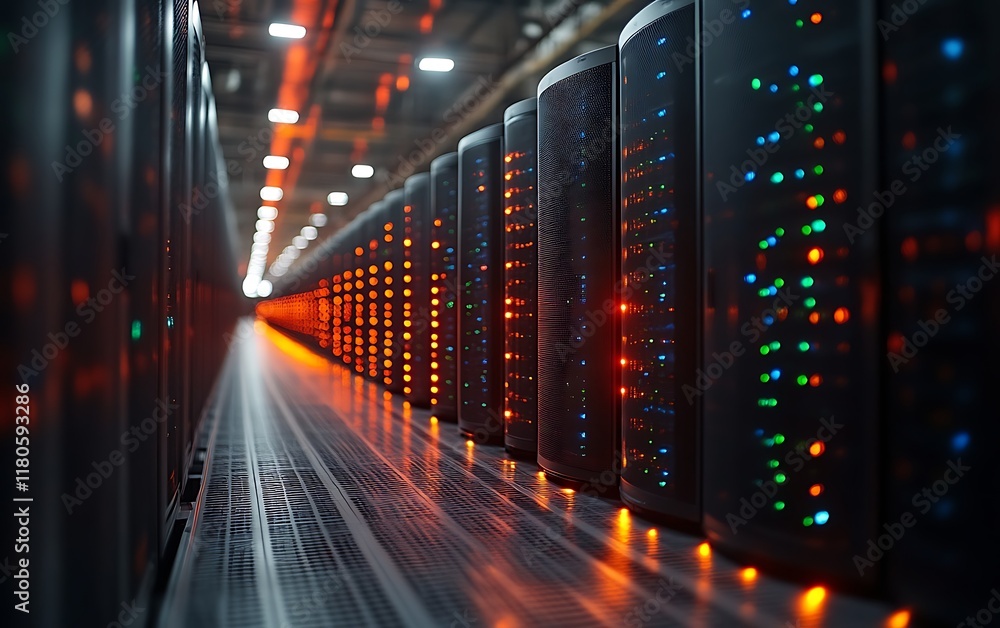 Server room with rows of illuminated data servers. Server room with rows of illuminated data servers.