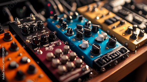 Close-Up of Colorful Guitar Pedals on Wooden Surface photo