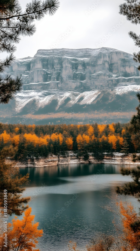 Naklejka premium Autumnal lake nestled in mountain valley.