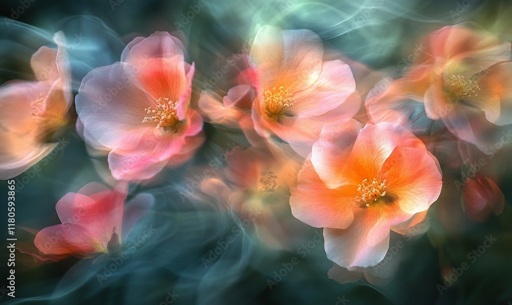 Dreamy peach blossoms, smoky backdrop, spring Dreamy peach blossoms, smoky backdrop, spring